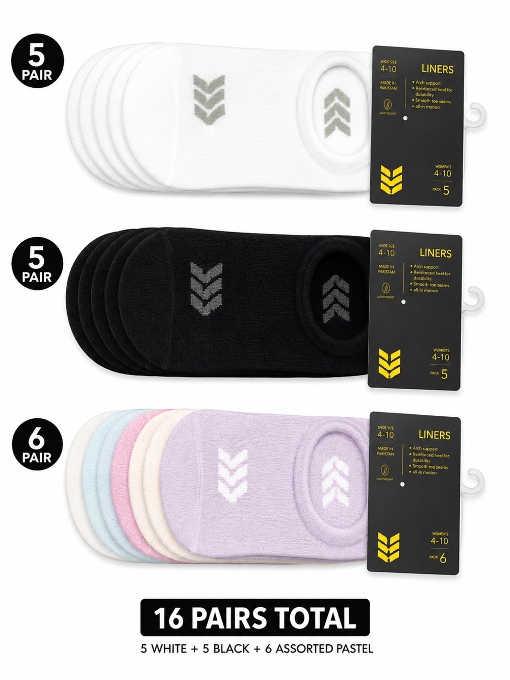 Women’s Bundle No-Show Liner Socks - White, Black & Pastel Assorted Total 16